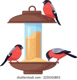 Bird feeder with eating wild bullfinch cartoon icon isolated on white background