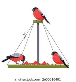 Bird feeder with eating wild bullfinch cartoon icon isolated on white background