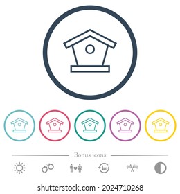 Bird feeder flat color icons in round outlines. 6 bonus icons included.