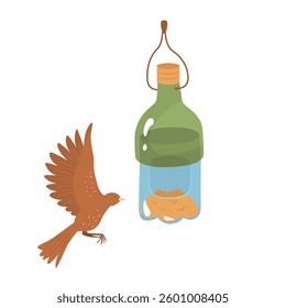 Bird feeder made from a plastic bottle with a bird flying to it. Feeding hungry birds. Helping wild animals. Nature conservation. Reusable waste. DIY craft. Vector illustration 