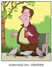 Bird Feeder / A man feeds birds in a park.