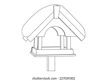 Bird feeder on a pole with snow on the roof - vector - black outlines