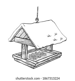 Bird feeder in the snow. Isolated on a white background. Hand-drawn vector illustration. 