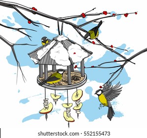 bird feeder with three titmouses, vector illustration