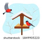 Bird feeder and two bullfinches in winter. Birds in snow cold weather. Vector illustration.