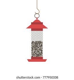 Bird feeder with whole sunflower seeds icon isolated on white. Flat cartoon minimalism simplicity design. Food for birds. Feeding by seed in winter season. Template background. Vector illustration