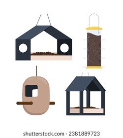 Bird feeders set. Homes for birds. Charity and generosity. Care and support for animals. Stickers for social networks and messengers. Cartoon flat vector collection isolated on white background