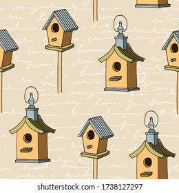 Bird feeders vector seamless pattern, hand drawn illustration isolated on beige background with abstract handwritten text