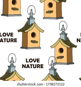 Bird feeders vector seamless pattern, hand drawn illustration isolated on white background