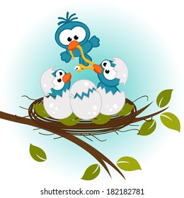 bird feeding babies in nest - vector illustration