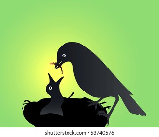 Bird feeding a baby bird nesting on a green and yellow background