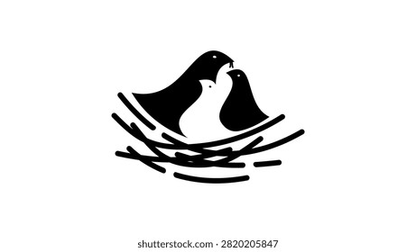 Bird feeding chicks in a nest, black isolated vector silhouette
