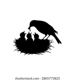 Bird feeding chicks in nest silhouette icon vector illustration on white background.