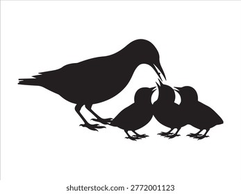 Bird feeding chicks silhouette vector illustration, mother animal care nature design