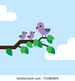 Bird feeding its children with worm on a branch, cute flat design vector illustration