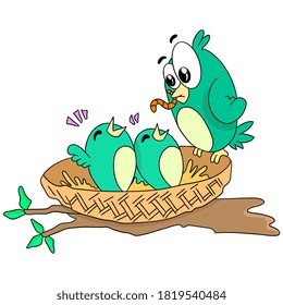 the bird is feeding its young in the nest. cartoon illustration cute sticker