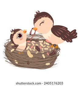 A bird feeds its chick in the nest. Vector