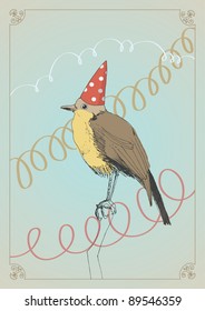 Bird in festive hat and paper streamers