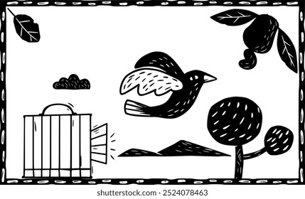Bird finding freedom. Nature landscape. Woodcut style, separate vectors.
