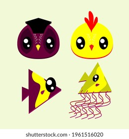 bird and fish cute emoticon vector illustration
