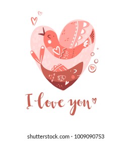 Bird and fish in the heart. Romantic composition. Metaphor of understanding in love. Vector illustration