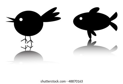 bird and fish silhouette with reflection. no transparency