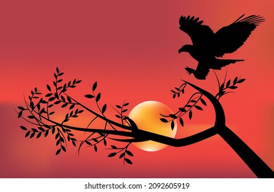 A bird flew to a branch against the background of a colorful sunset. Bright sun over the horizon