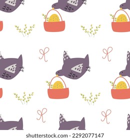 
The bird flies with a basket in its beak. Easter egg with a bow. Seamless pattern. Cute hand drawn characters. Multicolored flowers on a white background.