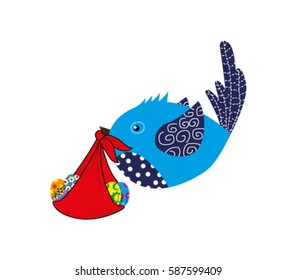the bird flies in its beak holds a bundle of Easter eggs