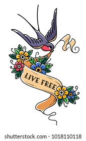 Bird flies and carries ribbon is decorated with flowers. Ribbon with inscription Live Free. Old School tattoo design. Vector illustration