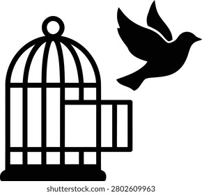 Bird flies freely from an open birdcage, a powerful vector graphic illustration symbolizing freedom, escape, and overcoming life's restrictions or confinement.