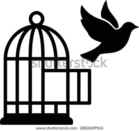 Bird flies freely from an open birdcage, a powerful vector graphic illustration symbolizing freedom, escape, and overcoming life's restrictions or confinement.
