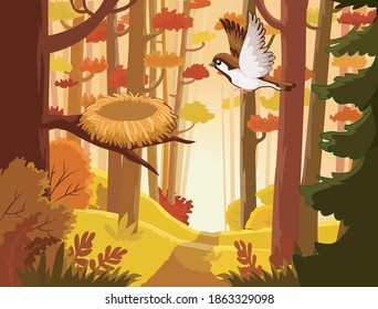 bird flies to nest autumn landscape, forest, template flat vector illustration