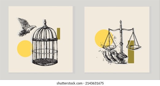 The bird flies out of the cage. Hand with weights. Sketch. Gravure style. Vector illustration.