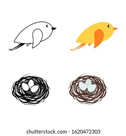 
Bird flies over a nest with eggs in a flat style isolated on white background. Stock vector illustration for decoration and design, baby fabrics, children's books and coloring books, packaging