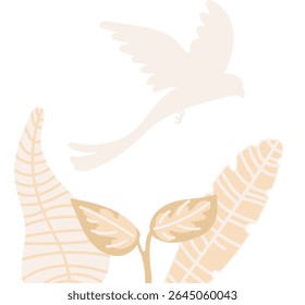 A bird in flight above abstract leaves in a soft silhouette style. The composition features foliage and a soaring bird with gentle curves. Cartoon vector illustration.