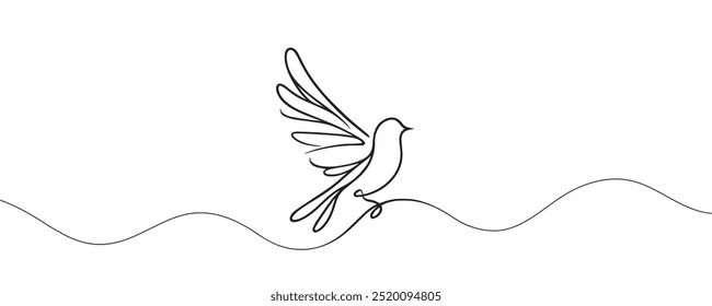 pájaro en vuelo, paloma una línea icono, insignia de estilo lineal, Ilustración vectorial.