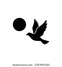 Bird in Flight with Full Moon Icon. Black filled icon of a bird flying across a large glowing full moon