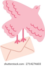 Pássaro em voo segurando um envelope selado com garra, linhas negras e formas suaves. Símbolo de mensagem, entrega, serviço de email, comunicação e nota de amor. Ilustração de vetor de desenhos animados.