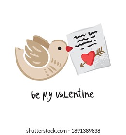 Bird in flight holds in its beak a love letter in vintage style isolated on white. Banner concept about a message, a declaration of love for lovers. Valentine's Day greeting card. vector illustration.
