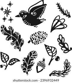 Bird in flight, leaves, pine cone, acorn, twigs, cartoon style, linocut, isolate. Vector set.