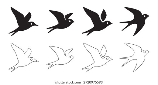 Vogel-Flugsequenz Schwarze Silhouetten und Umrisssymbole in Bewegung.