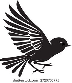 Pájaro en silueta de vuelo, alas abiertas, vista lateral, vuelo, movimiento, símbolo negro, diseño de ala abstracta, aislado