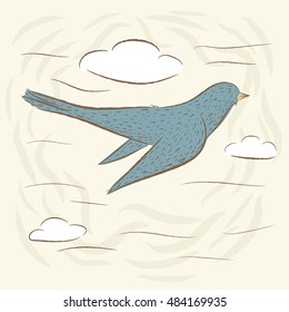 Bird in flight, Swallow. cute birds.  hand drawn, cartoon style. suitable for printing on a t-shirt or sweatshirt, shirt design, print bird, sketch bird, Children's fashion shirt. Cute bird vintage