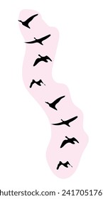 Bird flock silhouette at dawn or sunset isolated on pink background. Birds group flying against the cloudy sky  Vector minimalistic illustration. Symbol of animal. Outdoors. Flight.
Natural journey. 