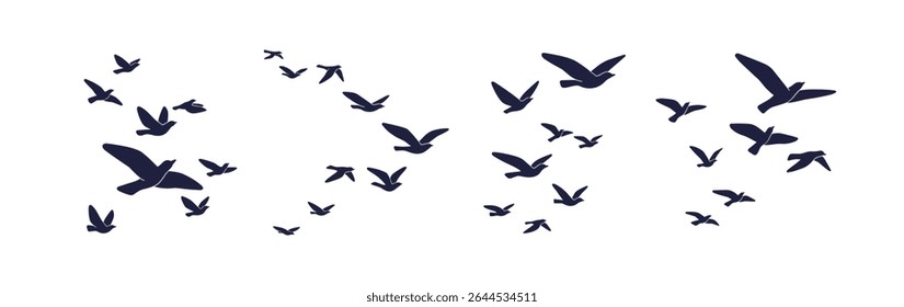 Bird flock silhouettes. Free doves in groups, fly in air. Black pigeon figure patterns, flying, soaring aloft above in sky. Freedom, migration. Flat vector illustration isolated on white background