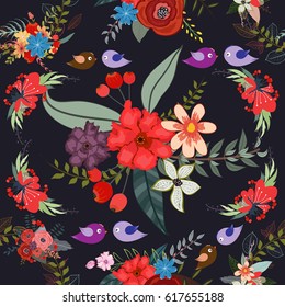 Bird floral background pattern, flower, seamless