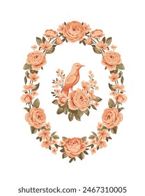 Bird in floral frame for design of greeting cards and vintage decor