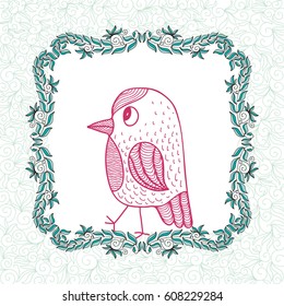 Bird and floral frame. Vector illustration.