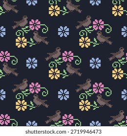Padrões florais e de pássaros em formas geométricas sem costura, projetados para fundos, decoração, papel de parede, tecido, roupas e cerâmica.